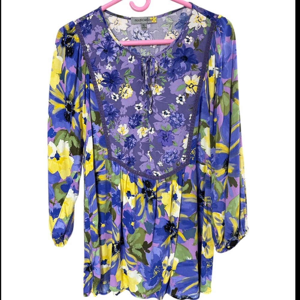 Ralucca Purple Floral Boho Tie-Neck Blouse
